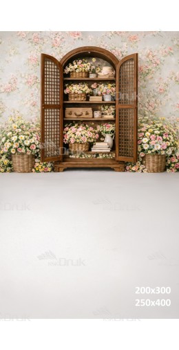 Tło fotograficzne „Drewniana witryna z koszami kwiatów” | E843